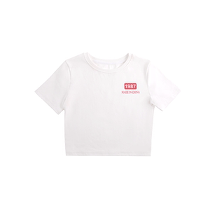 白色纯棉字母短款T恤女露脐简约薄款短袖体恤高级感正肩印花上衣