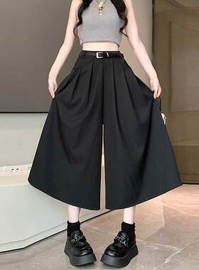 乡美媚黑色百褶七分半身裙
