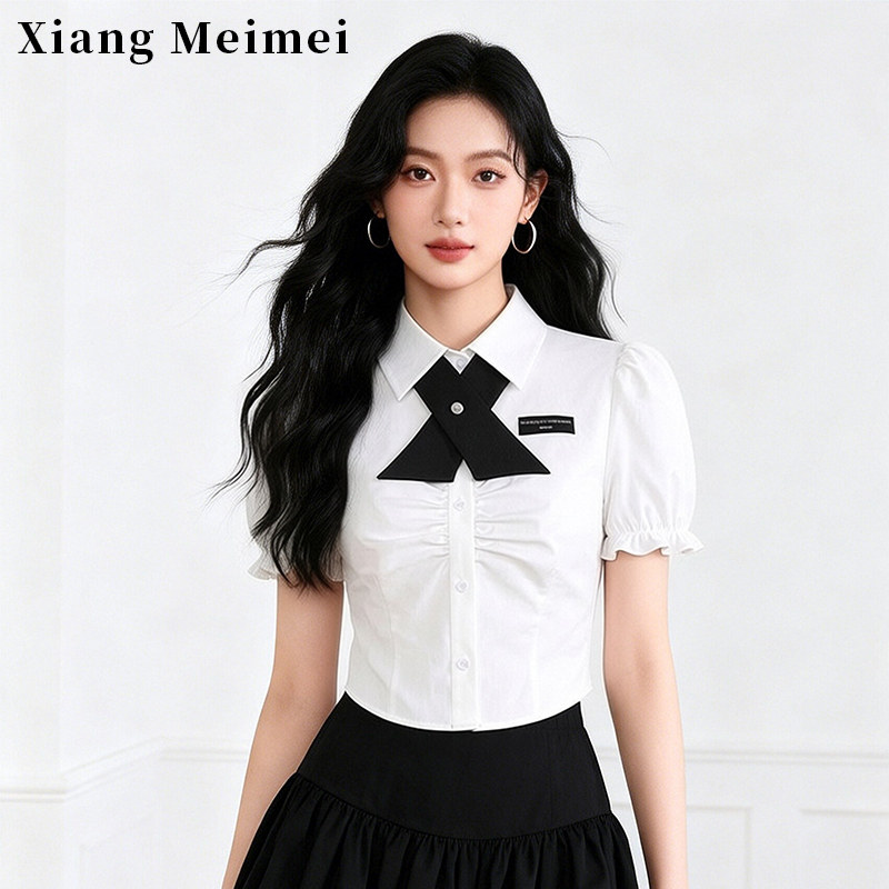 乡美媚jk制服短袖衬衫女2026夏季蝴蝶结收腰小个子学院风白色衬衣