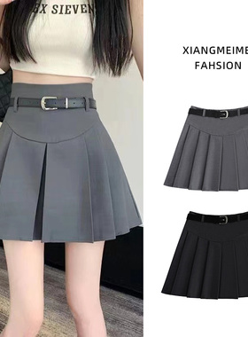 灰色百褶裙女高腰带腰带学院风短款显瘦a字西装料高级感半身裙子