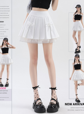 芭蕾风白色甜美百褶裙设计感蝴蝶结a字短裙小个子高腰显瘦半身裙