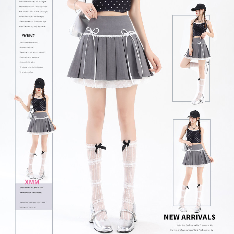 纯欲性感芭蕾风a字短裙蕾丝拼接花边百褶裙设计感蝴蝶结半身裙