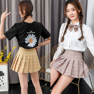 米色百褶裙女夏天小个子春秋短裙小清新高腰a字裙显瘦格子半身裙