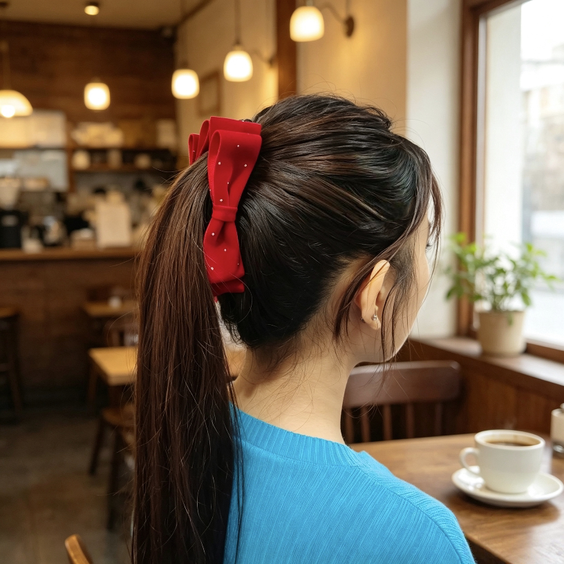 红色植绒烫钻蝴蝶结香蕉夹女高马尾竖夹过年喜庆后脑勺盘发夹子