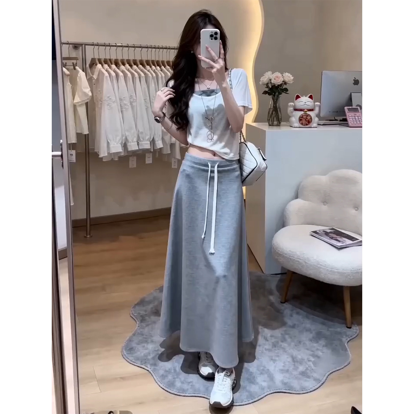 2026新款短袖T恤灰色连衣裙女夏季巨好看穿搭一整套长裙三件套装