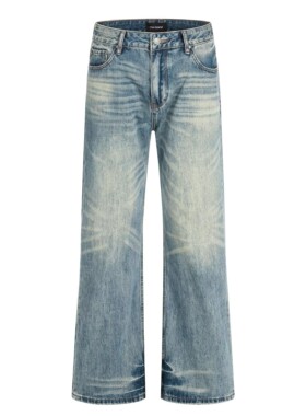 Promiseme美式水洗做旧牛仔裤猫须宽松阔腿cleanfit休闲长裤子