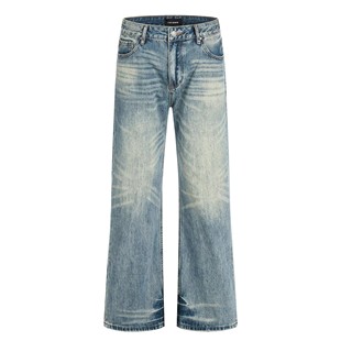 Promiseme美式水洗做旧牛仔裤猫须宽松阔腿cleanfit休闲长裤子