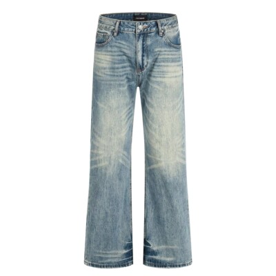 Promiseme美式水洗做旧牛仔裤猫须宽松阔腿cleanfit休闲长裤子