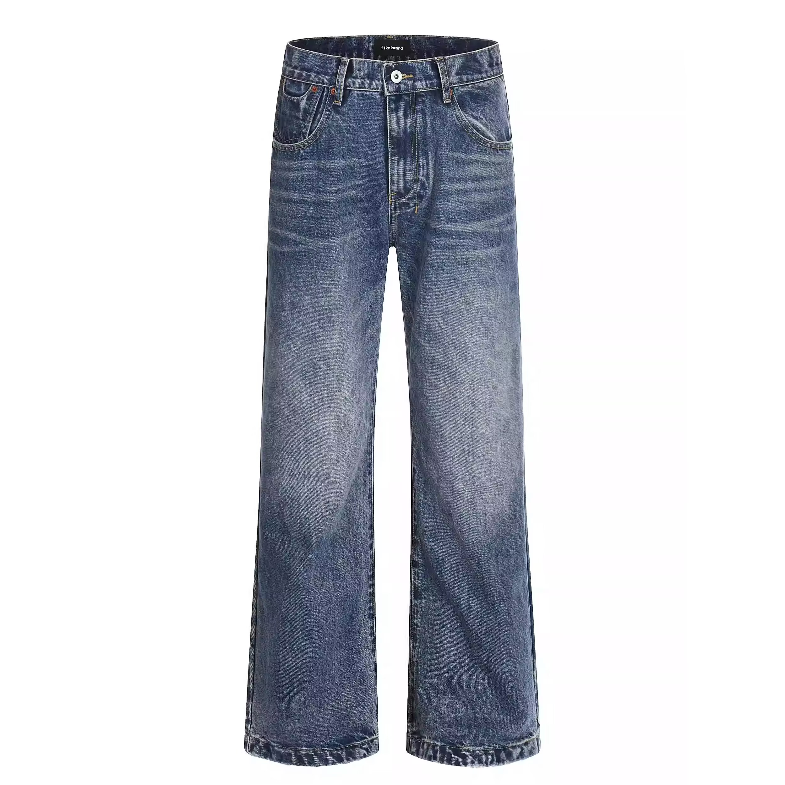 Promiseme复古蓝色水洗直筒牛仔裤男女四季高街百搭宽松直筒长裤