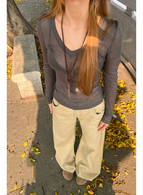 Promiseme卡其色复古微喇牛仔裤女秋款低腰宽松不贴腿垂感阔腿裤