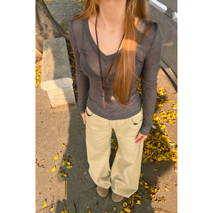 Promiseme卡其色复古微喇牛仔裤女秋款低腰宽松不贴腿垂感阔腿裤