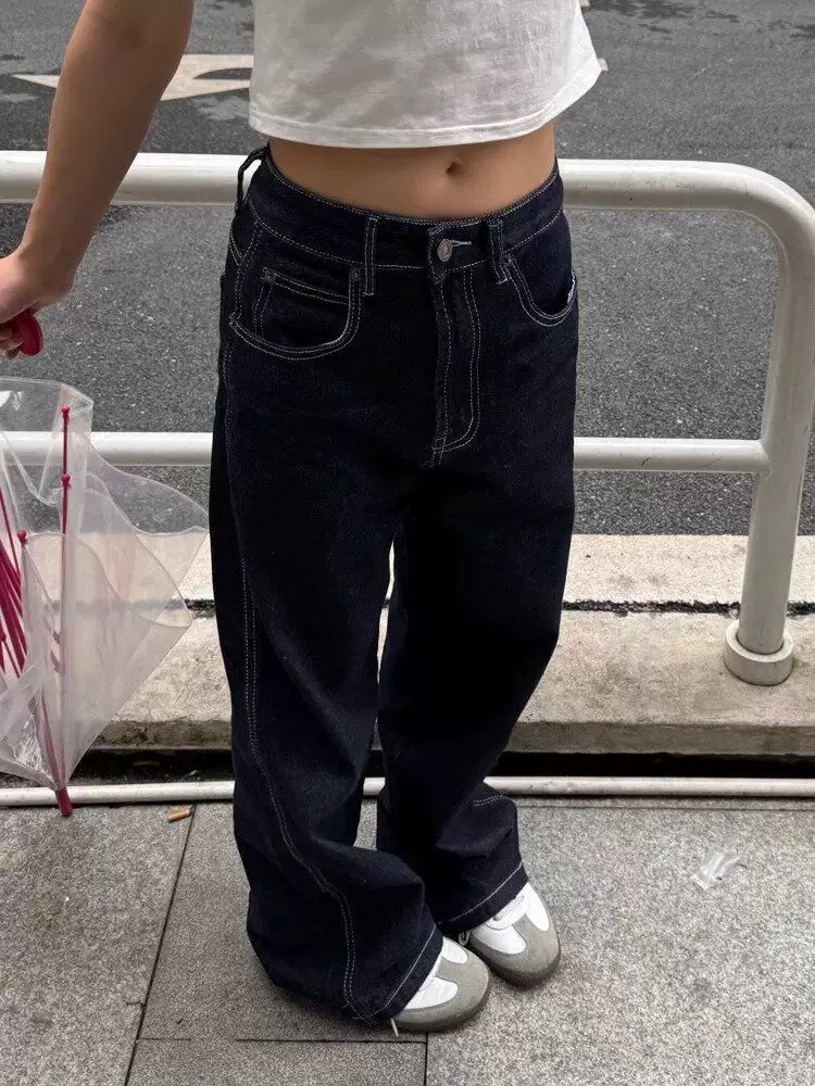 Promiseme美式复古刺绣宽松百搭直筒牛仔裤男女街头阔腿显瘦裤子