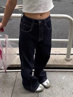 Promiseme美式复古刺绣宽松百搭直筒牛仔裤男女街头阔腿显瘦裤子