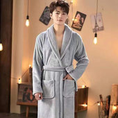 秋冬男士 睡衣法兰绒情侣睡袍加绒保暖洗澡浴袍女珊瑚绒中长款 浴衣