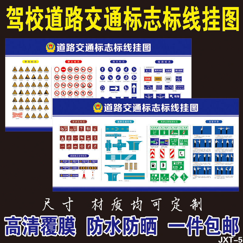 驾校制度海报交通禁令警告标志指示牌交警手势科目二考试贴纸墙贴