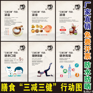 三减三健海报健康生活方式控油限盐限酒宣传写真挂画图墙贴纸定制
