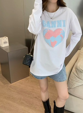  2024秋季新款 字母地球爱心印花圆领宽松棉长袖T恤百搭上衣