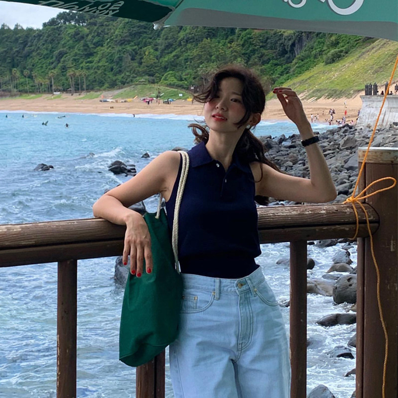 THE BARNNET KNIT SHORT SLEEVE WOMENS 24SS SUMMER NEW KOREAN VERSION SLIM SLIM LAPEL SLEEVELESS POLO SHIRT