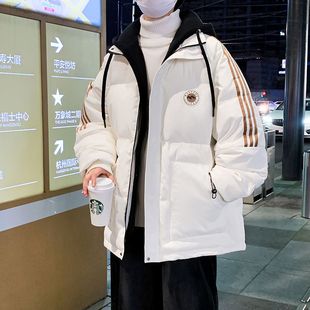 三条杠连帽羽绒服男士冬季白鸭绒假两件加厚外套潮流御寒保暖冬装