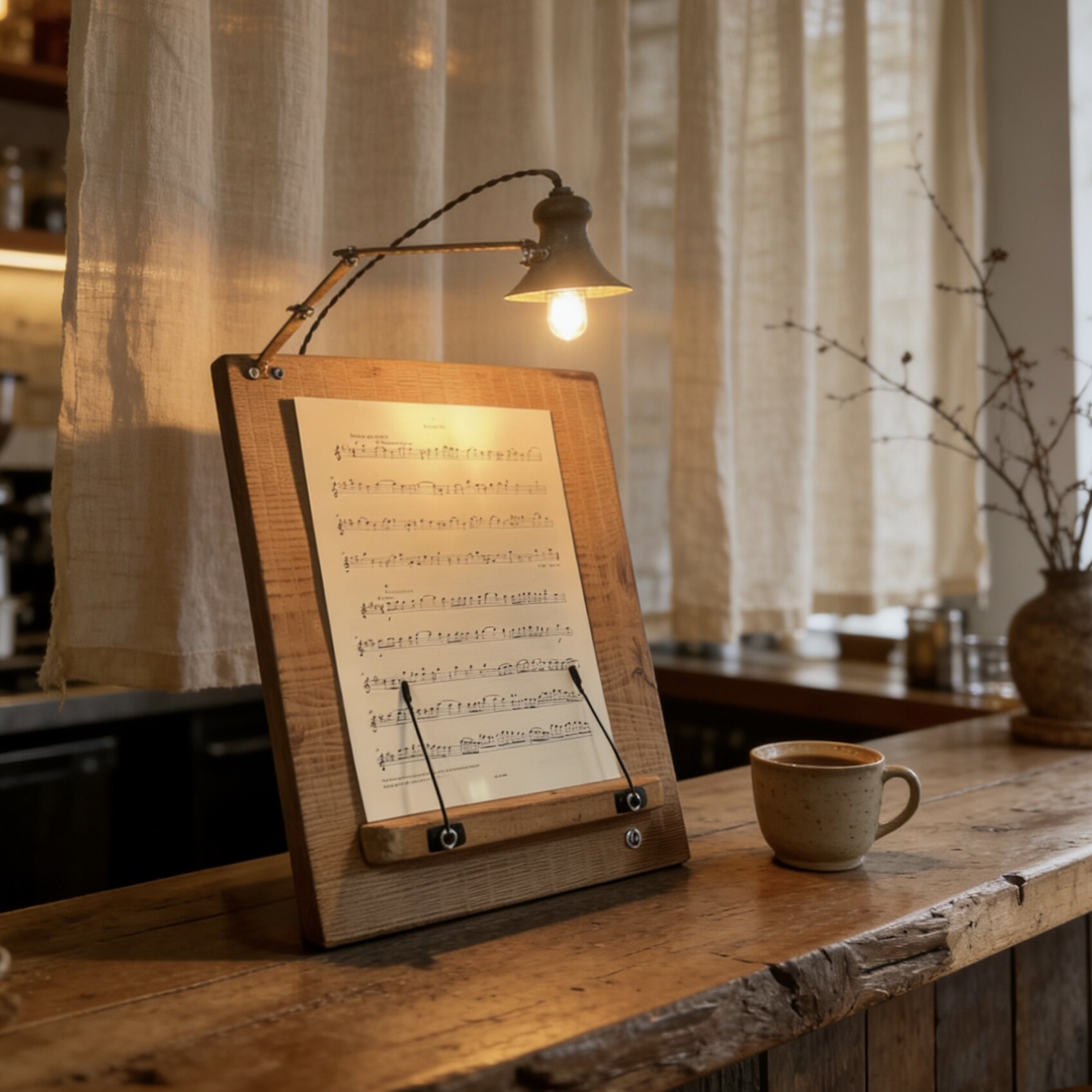 复古木质带灯乐谱阅读架桌面文艺实木台灯书挡多功能书法绘画谱架