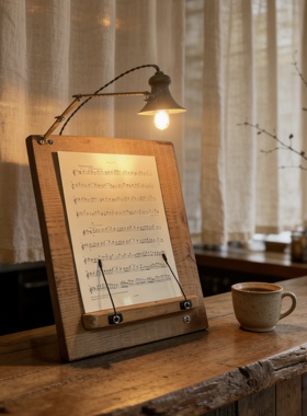 复古木质带灯乐谱阅读架桌面文艺实木台灯书挡多功能书法绘画谱架