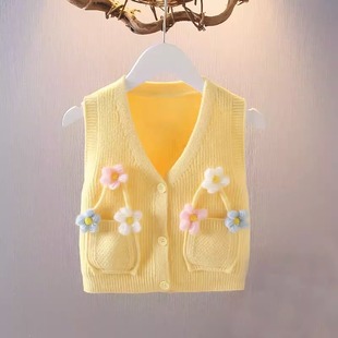 儿童开衫背心套装女童秋女宝宝衬衫马甲两件套上衣花朵毛衣针织衫