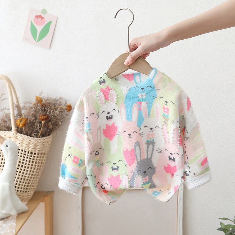 女童毛衣水貂绒线衣秋冬新款卡通中小童加厚保暖百搭款打底针织衫