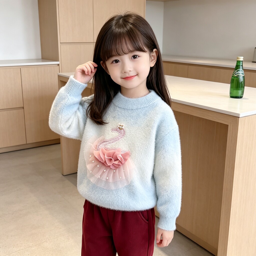宝宝秋冬天鹅绣花毛衣女童网纱装饰针织衫软糯保暖小童打底衫