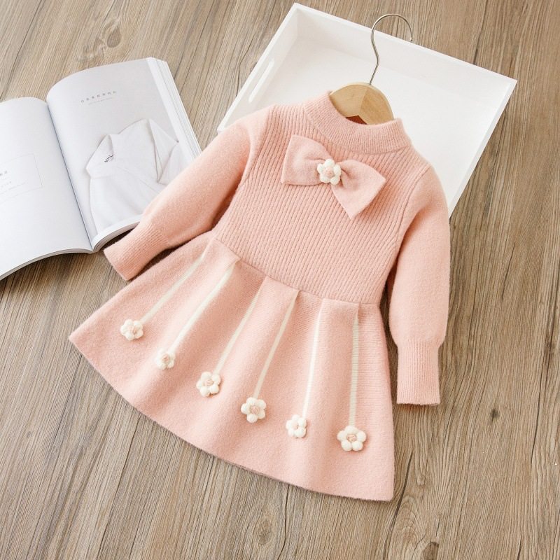女童毛衣裙公主裙春秋2025新款儿童装女宝宝蝴蝶结花朵过年新年装