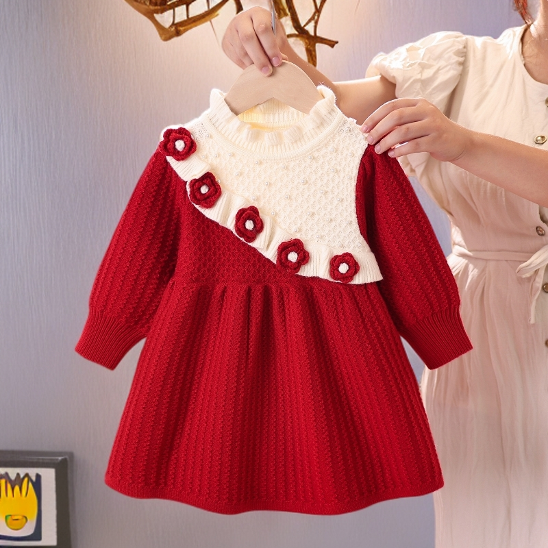 女童针织衫毛衣连衣裙秋冬季2025新款儿童女宝宝周岁花朵公主裙子