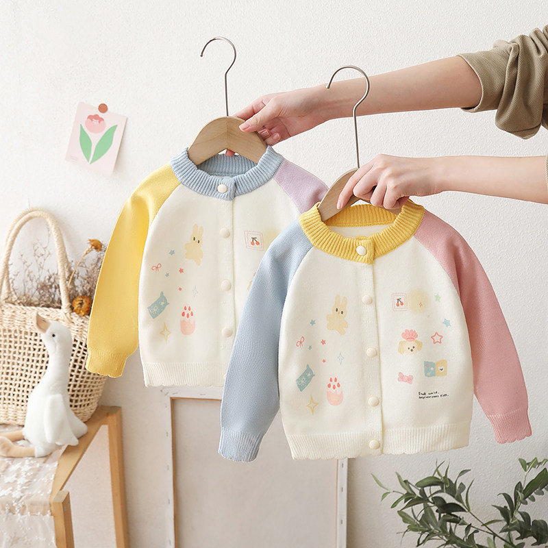 女童糖果色针织衫毛衣秋冬新款女宝宝开衫拼色毛线衣儿童上衣外套