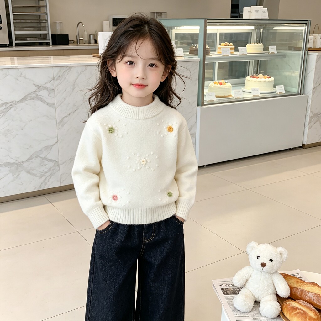 婴幼儿童花朵针织衫毛衣秋冬加厚女童打底衫时髦洋气宝宝毛线上衣