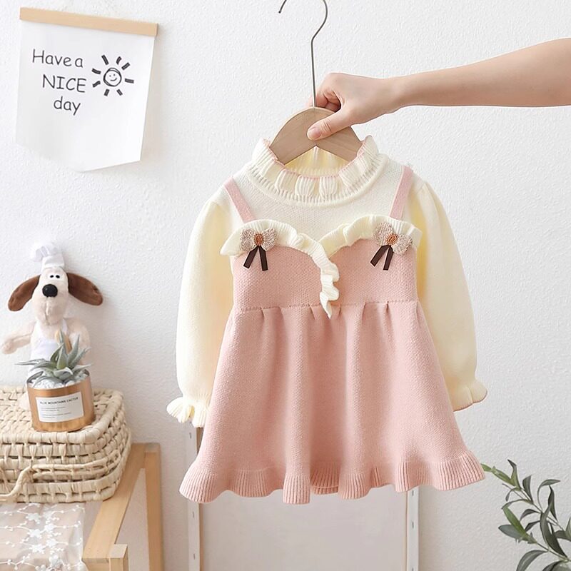 假两件女童连衣裙秋冬季24新款洋气儿童毛衣女宝宝礼服针织衫裙子