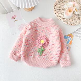 女宝宝毛衣圆领加厚加绒123456岁小女童韩版水貂绒保暖针织打底衫