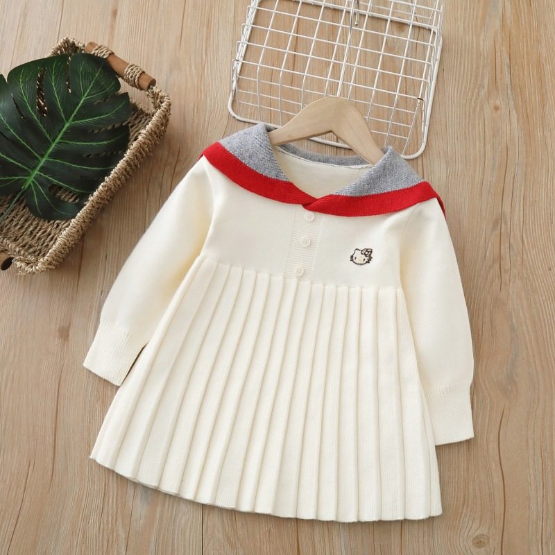 女儿童针织毛衣连衣裙秋冬学院风海军领韩版女宝宝时尚公主百褶裙