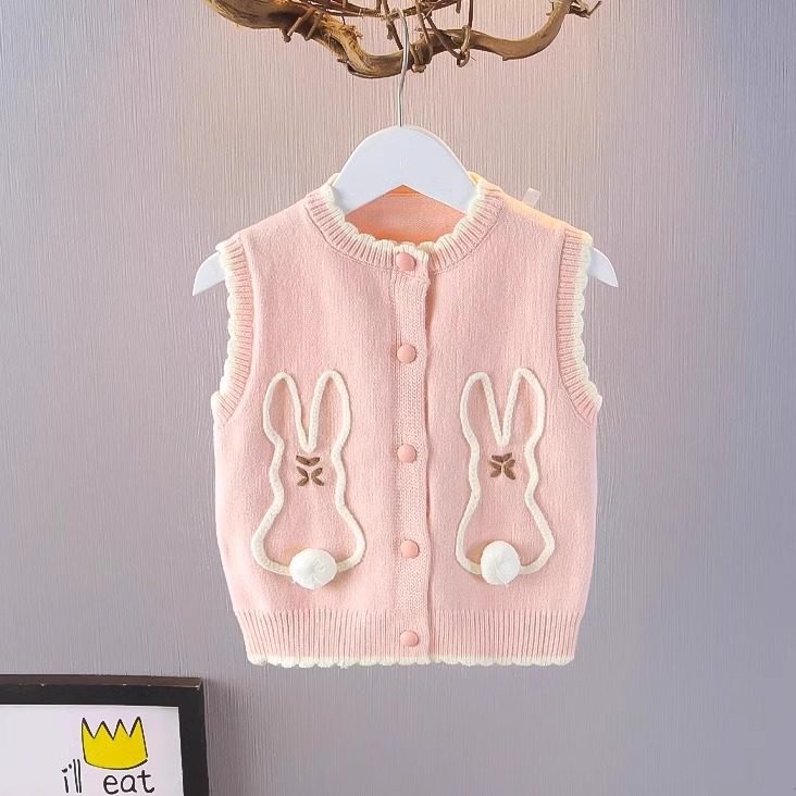 女童马甲韩版春秋季女宝宝针织毛衣背心薄款时髦卡通外穿坎肩上衣