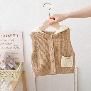 男童针织衫毛衣马甲纯秋装男宝宝婴儿童毛线背心开衫外穿连帽外套