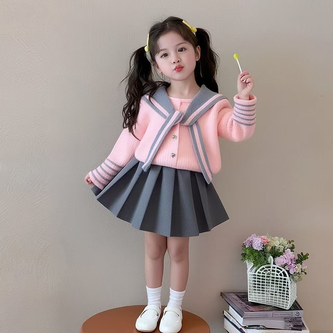 女童海军风毛衣套装秋冬季儿童针织衫公主百褶裙两件套半身JK裙子
