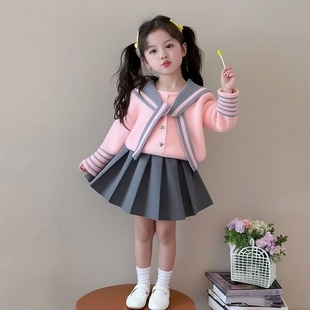 女童海军风毛衣套装秋冬季儿童针织衫公主百褶裙两件套半身JK裙子