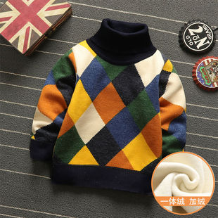 儿童一体绒针织衫毛衣男童中小童秋冬季新款套头圆领加绒打底衫潮