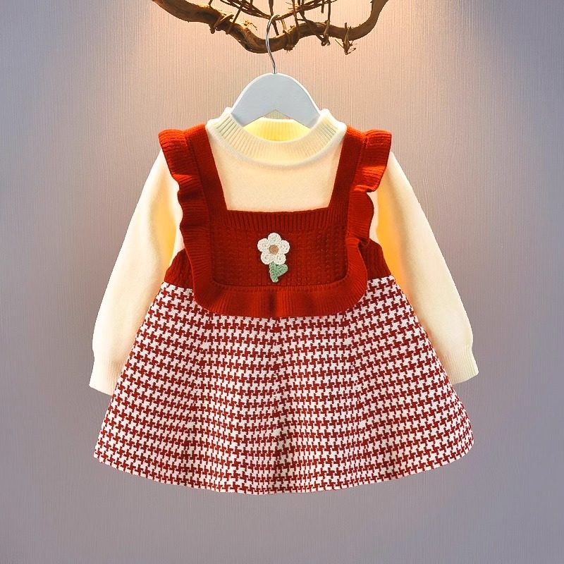 女童针织衫毛衣裙子春秋2025新款儿童冬装公主裙假两件女孩连衣裙