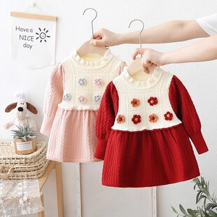 针织衫 女童秋季 5岁女宝宝花朵洋气公主裙秋季 裙子 毛衣连衣裙1
