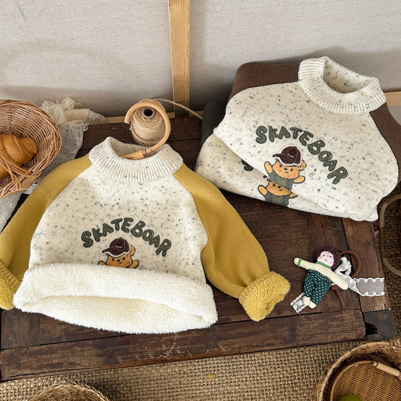 男童冬季卡通一体绒毛衣加绒加厚上衣小童圆领保暖宝宝针织打底衫
