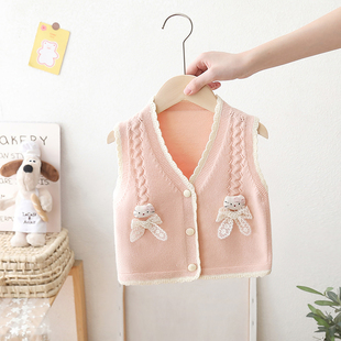 女童针织马甲春秋装2025新款儿童V领背心女宝宝开衫毛衣坎肩马夹