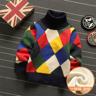 男童秋冬款保暖加绒针织衫一体绒毛衣儿童小童男孩套头高领打底衫