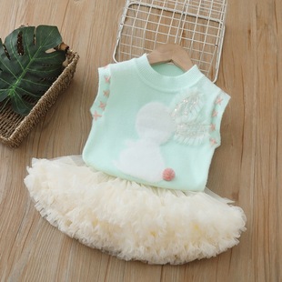 女小童甜美秋装套装2025新款儿童马甲针织女宝卡通半身裙子两件套