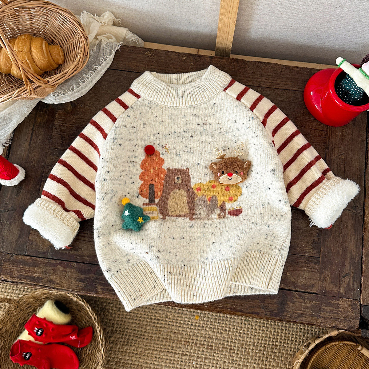 儿童一体绒针织衫毛衣加绒加厚套头男童冬季卡通宝宝毛线衣打底衫