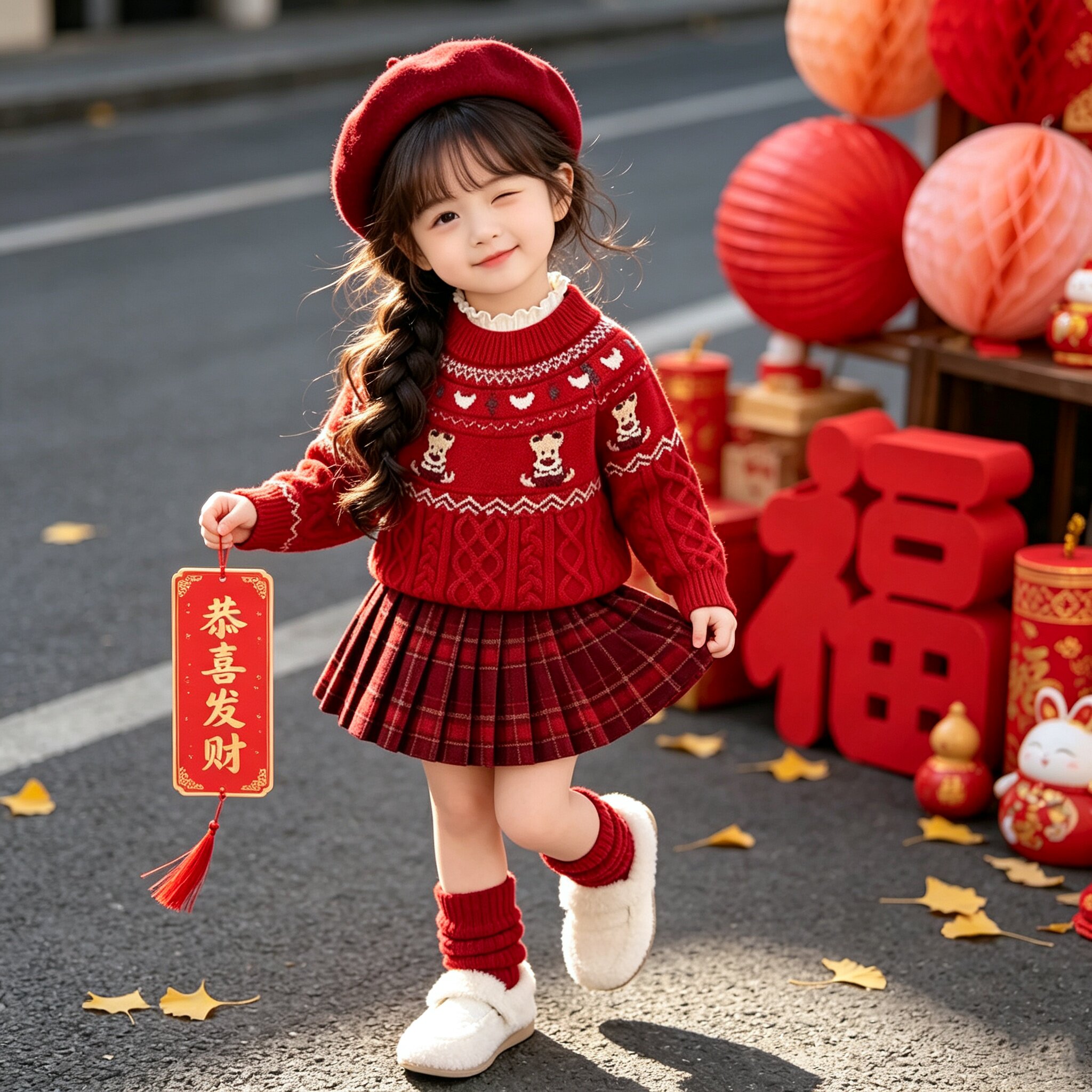 女宝拜年服秋冬季针织套装费尔岛小熊毛衣红格子百褶裙儿童过年服