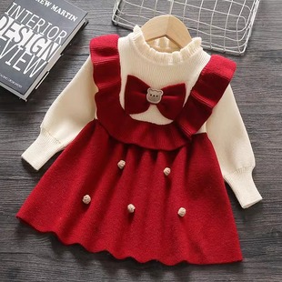 女童针织连衣裙2025新款 1周5岁宝宝生日礼服红色公主裙 儿童秋冬装