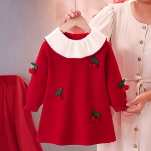 女宝宝针织长袖连衣裙春秋款2025新款儿童百搭公主风直筒毛衣裙子